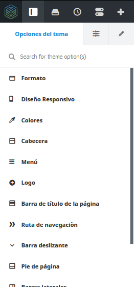 Barra lateral con las opciones del tema Avada Live