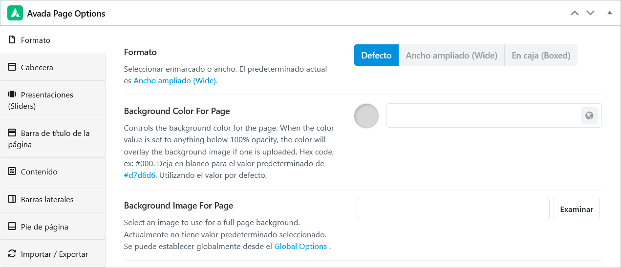 Formato (layout) de páginas Avada