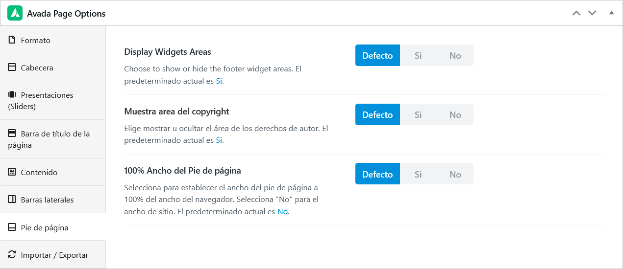 Opciones del pie de página en Fusion Page Options