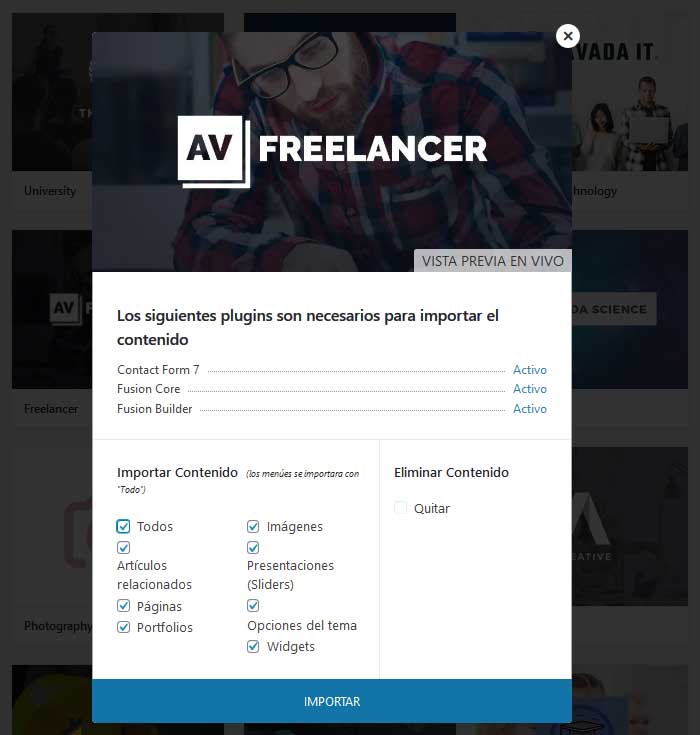 Importar demo Avada Freelancer