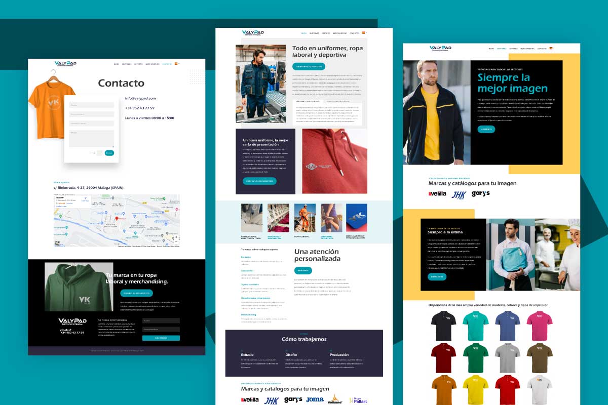 Diseño web de Valypad. Personalización de uniformes, ropa laboral y deportiva